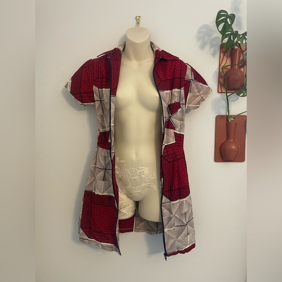 Baobá Brasil Red Cream Black Geometric Full Zip Mini Dress w Pockets Small - Picture 4 of 5